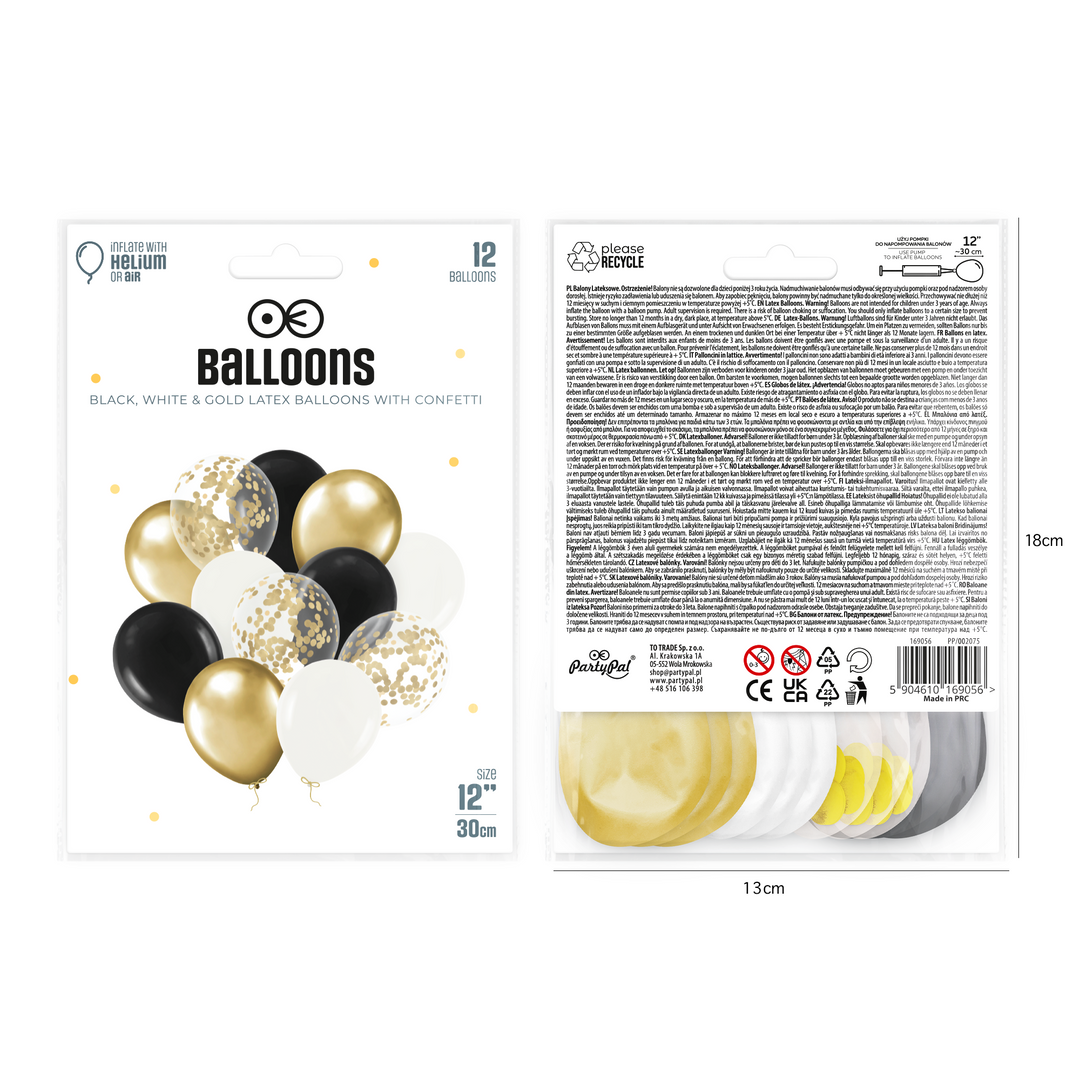 Set de globos negros, blancos y dorados con confeti - Imagen 2