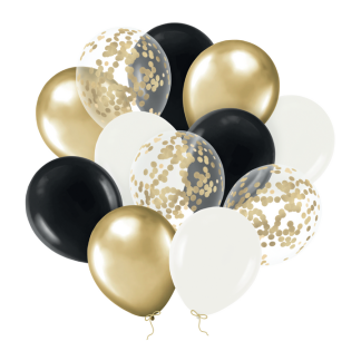 Set de globos negros, blancos y dorados con confeti