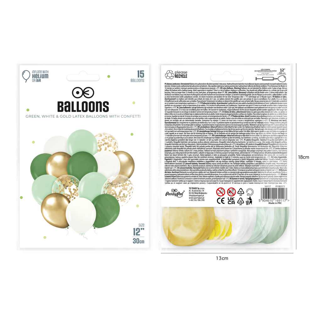 Set de globos verdes, blancos y dorados con confeti – 30 cm | 15 unidades - Imagen 2