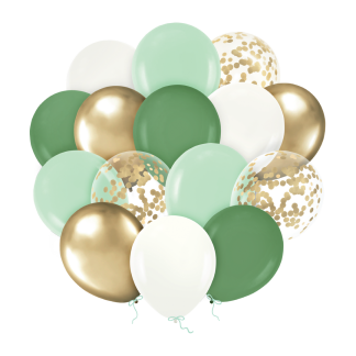 Set de globos verdes, blancos y dorados con confeti – 30 cm | 15 unidades